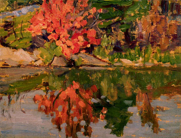 Red Tree Reflected in Lake